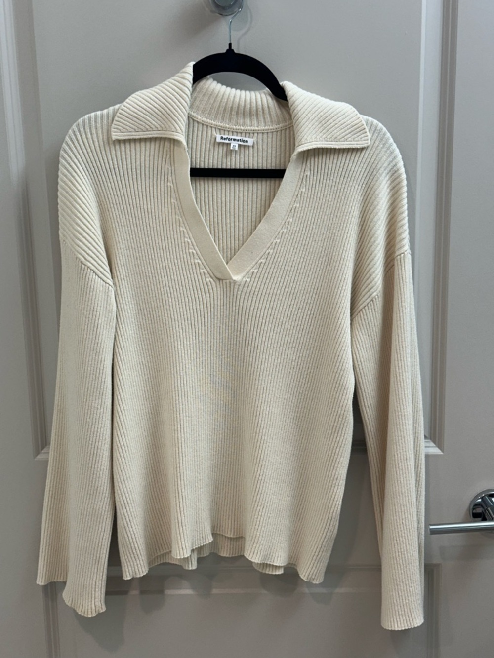 Reformation Cream Ribbed V-Neck Polo Sweater